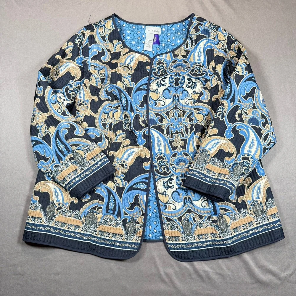 Catherines Petite Paisley Quilted Open Front Jacket Blue Tan 0XWP‎ 14/16WP